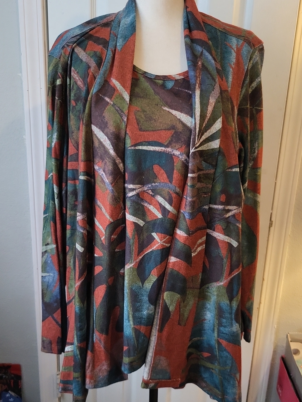 Multiples Open-Front Cardigan With Tank in Rust, Green and Blue Abstract Print